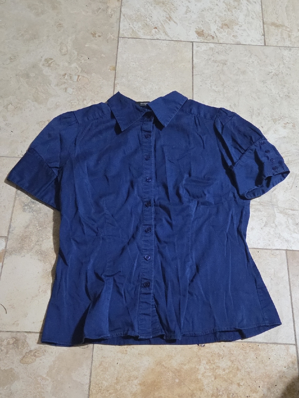 Apt. 9 Size Large Navy Blue Fitted Short Sleeve Button-Up Top